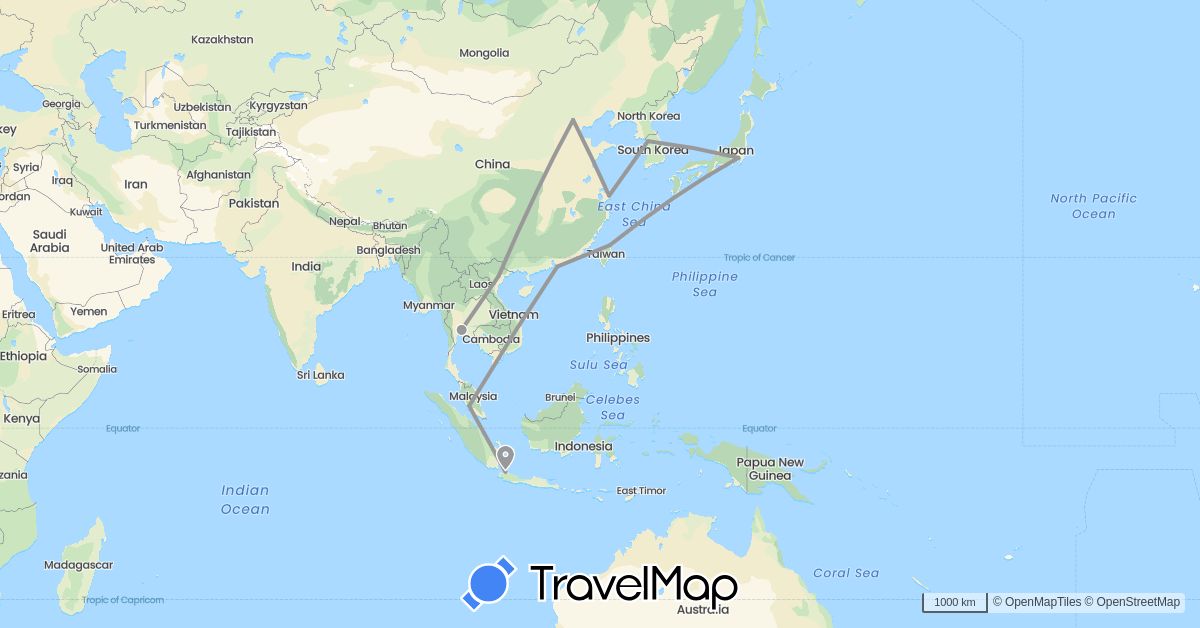TravelMap itinerary: plane in China, Indonesia, Japan, South Korea, Malaysia, Thailand, Taiwan, Vietnam (Asia)