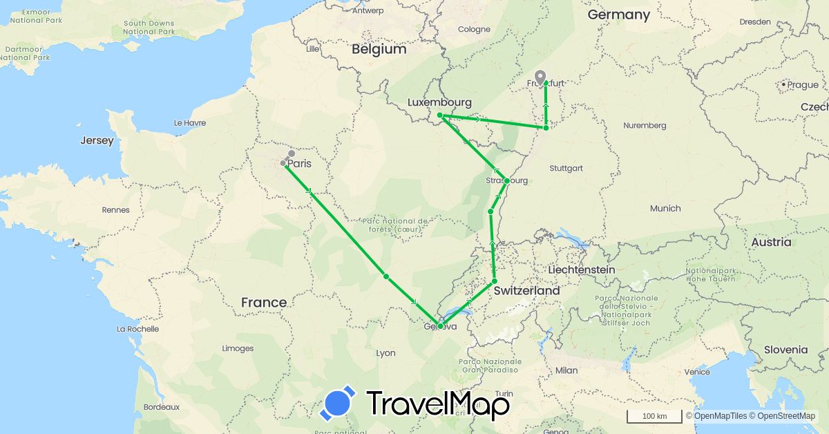 TravelMap itinerary: bus, plane in Switzerland, Germany, France, Luxembourg (Europe)