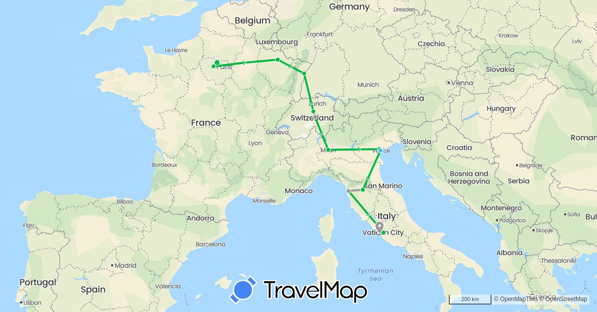 TravelMap itinerary: driving, bus, plane, boat in Switzerland, France, Italy (Europe)