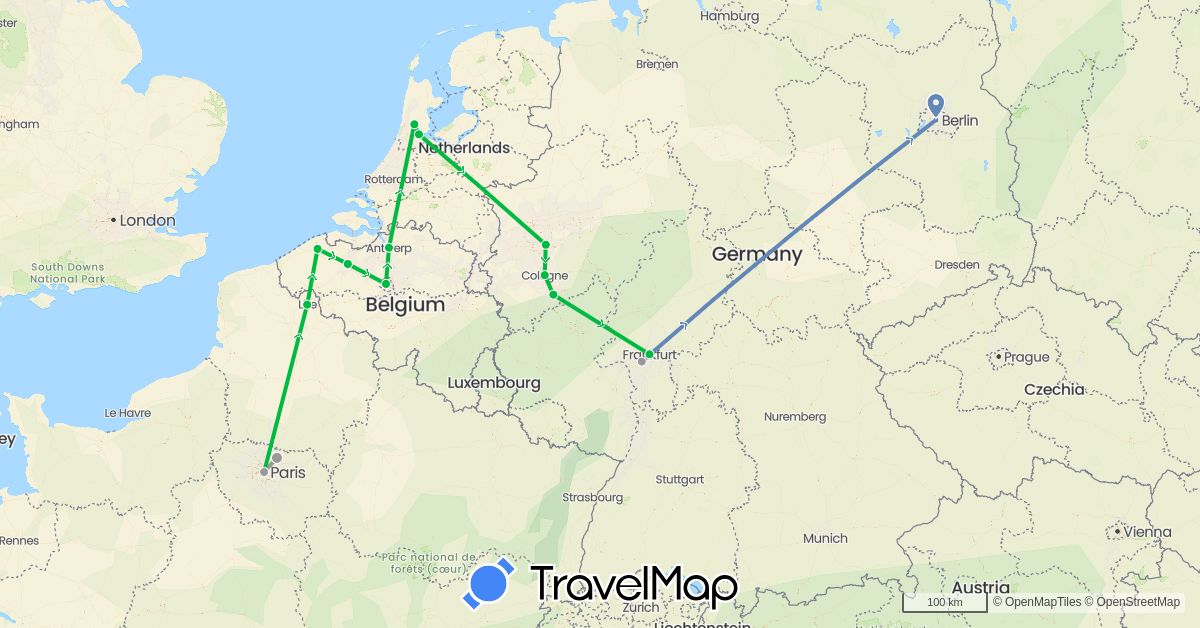 TravelMap itinerary: driving, bus, plane, cycling in Belgium, Germany, France, Netherlands (Europe)