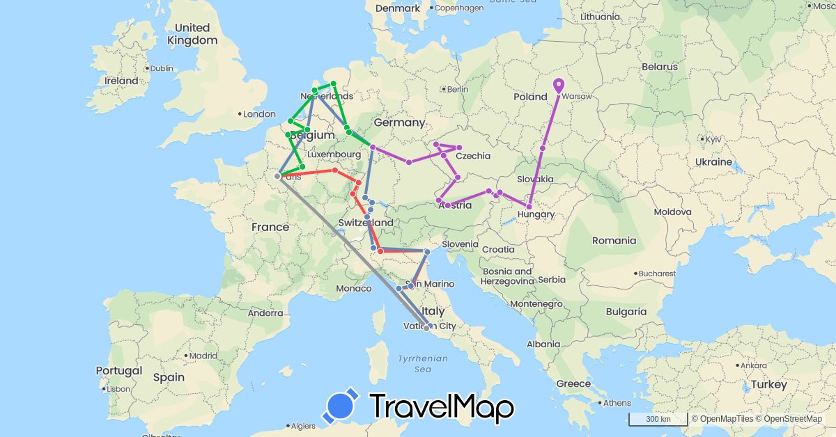 TravelMap itinerary: bus, plane, cycling, train, hiking, boat in Austria, Belgium, Switzerland, Czech Republic, Germany, France, Hungary, Italy, Netherlands, Poland, Slovakia (Europe)