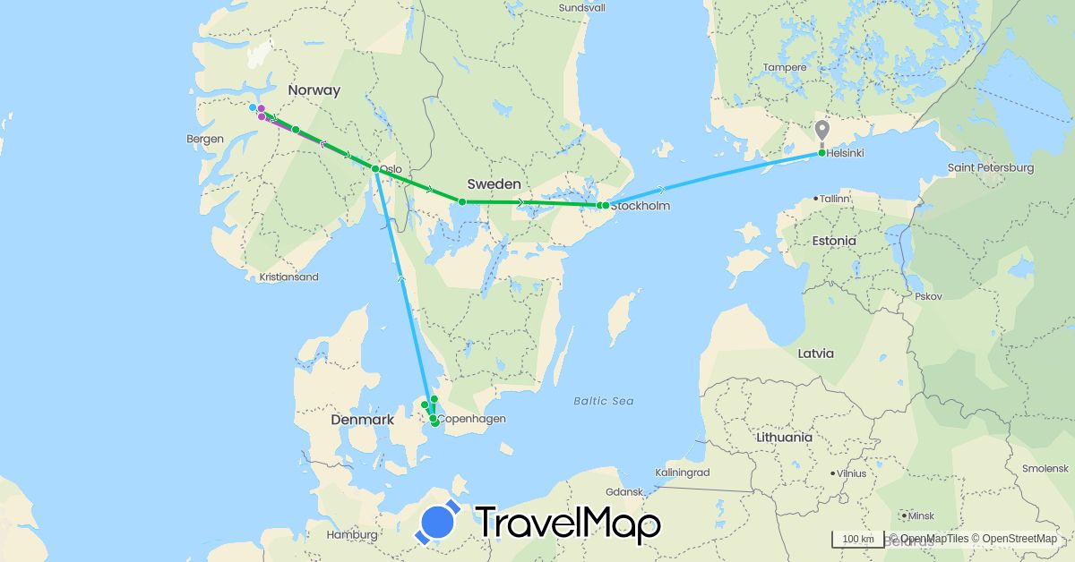 TravelMap itinerary: bus, plane, train, boat in Denmark, Finland, Norway, Sweden (Europe)