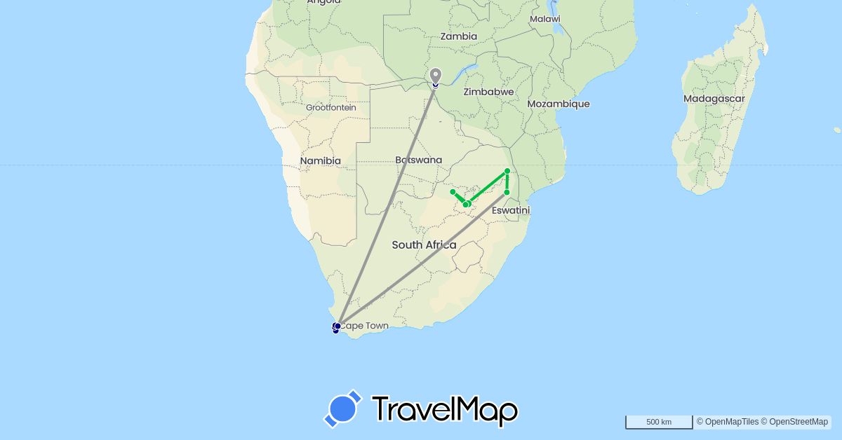 TravelMap itinerary: driving, bus, plane in South Africa, Zimbabwe (Africa)