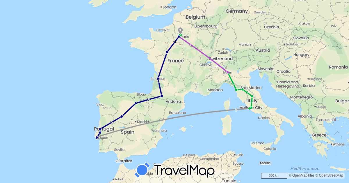 TravelMap itinerary: driving, bus, plane, train in Spain, France, Italy, Portugal (Europe)