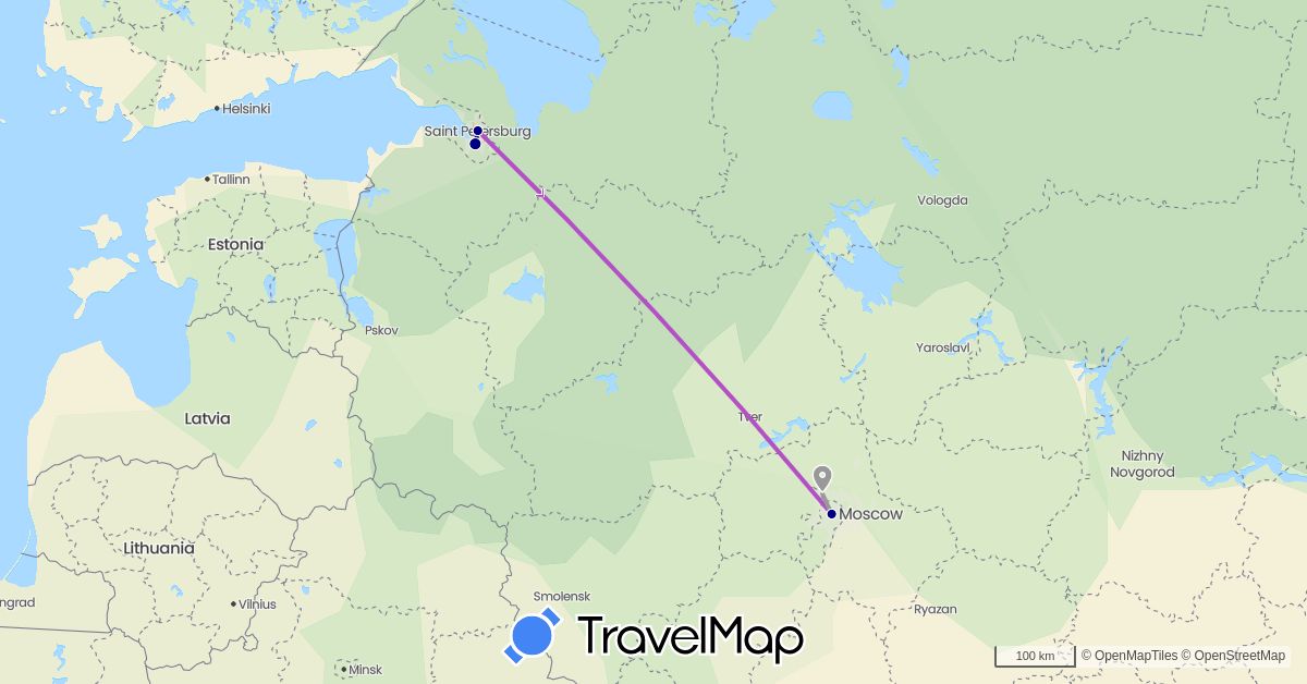 TravelMap itinerary: driving, plane, train in Russia (Europe)