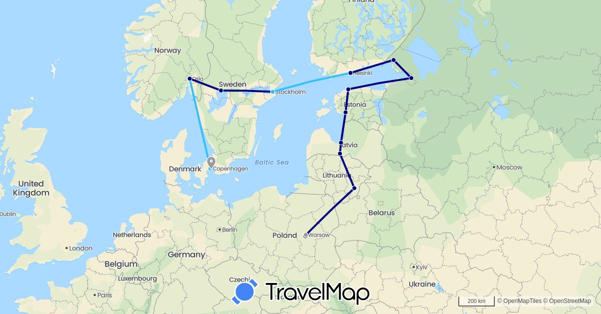 TravelMap itinerary: driving, plane, boat in Denmark, Estonia, Finland, Lithuania, Latvia, Norway, Poland, Russia, Sweden (Europe)