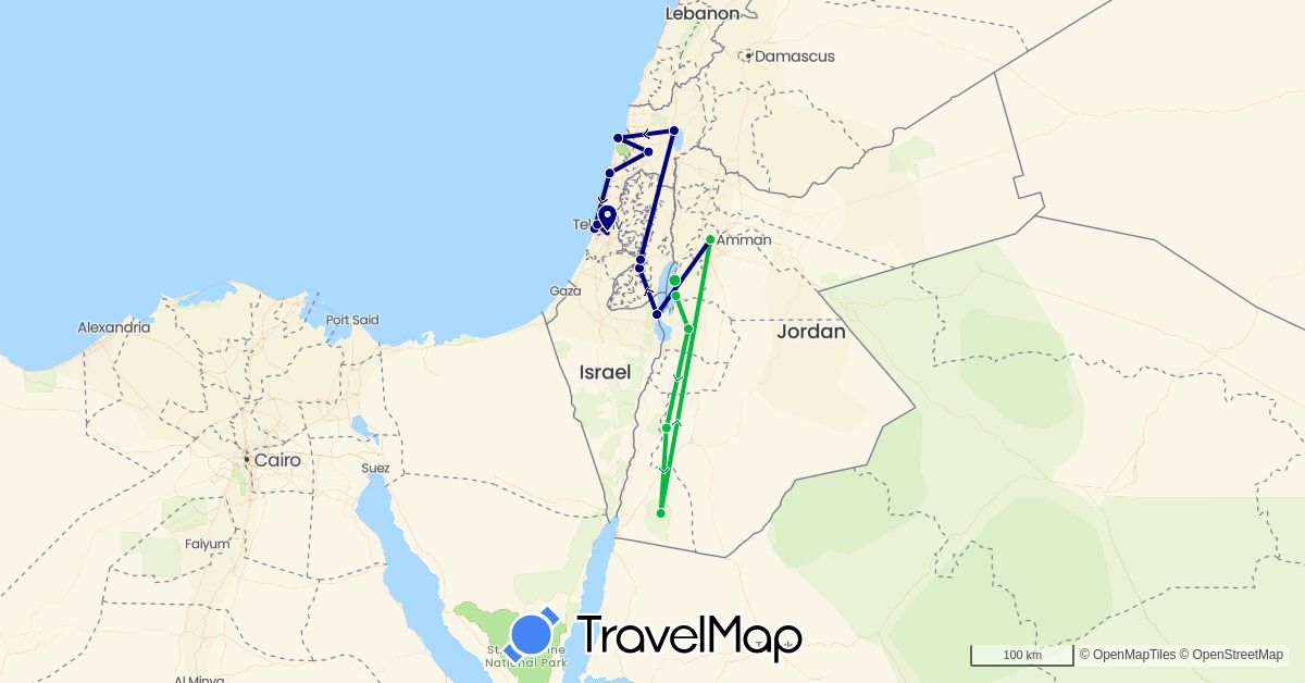TravelMap itinerary: driving, bus in Israel, Jordan (Asia)