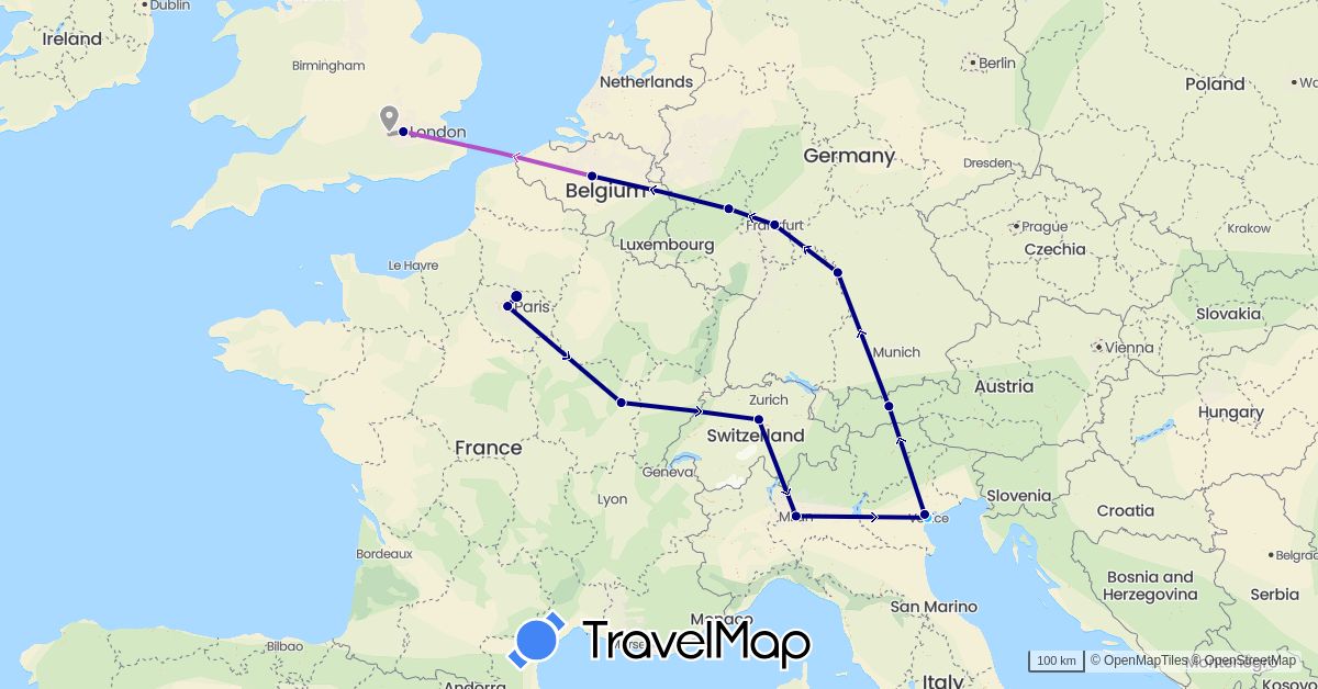 TravelMap itinerary: driving, plane, train, boat in Austria, Belgium, Switzerland, Germany, France, United Kingdom, Italy (Europe)