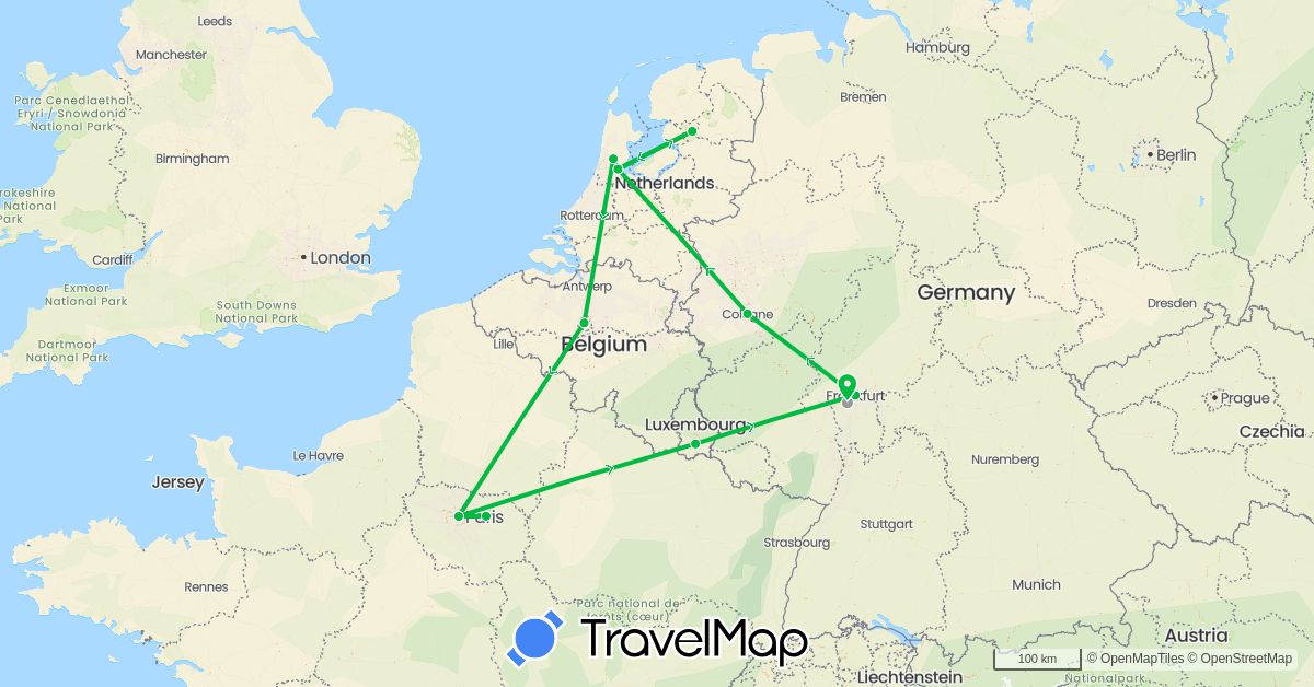TravelMap itinerary: bus, plane in Belgium, Germany, France, Luxembourg, Netherlands (Europe)
