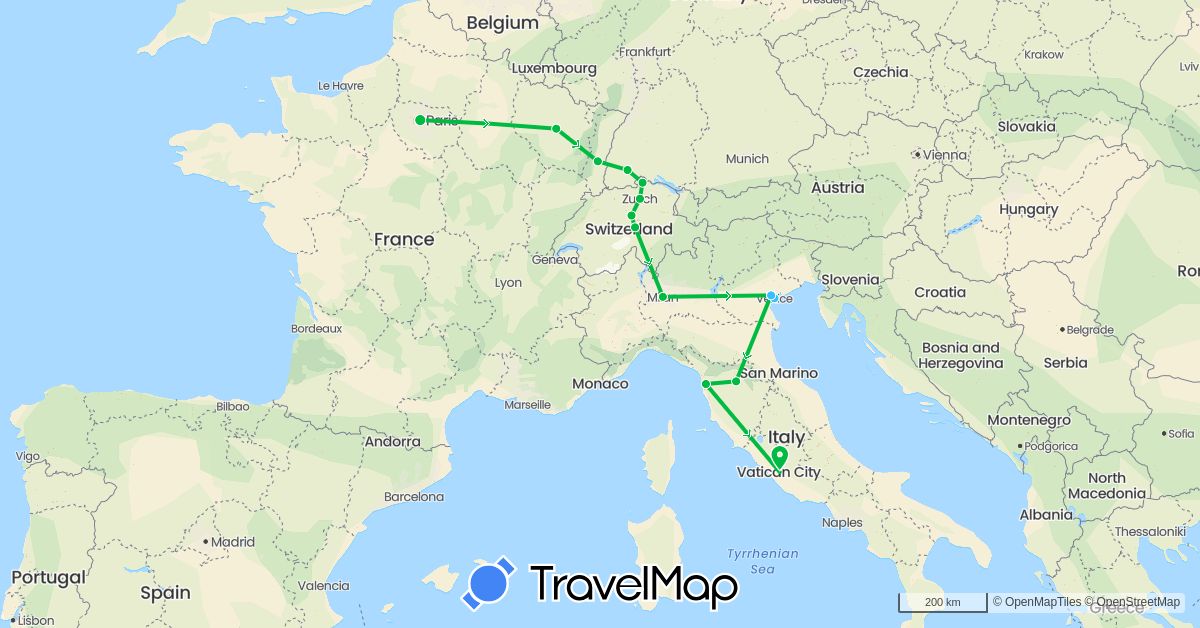 TravelMap itinerary: bus, boat in Switzerland, Germany, France, Italy (Europe)