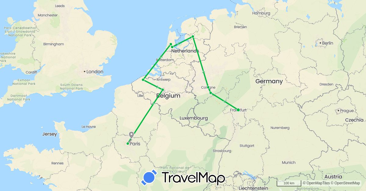 TravelMap itinerary: driving, bus, plane in Belgium, Germany, France, Netherlands (Europe)