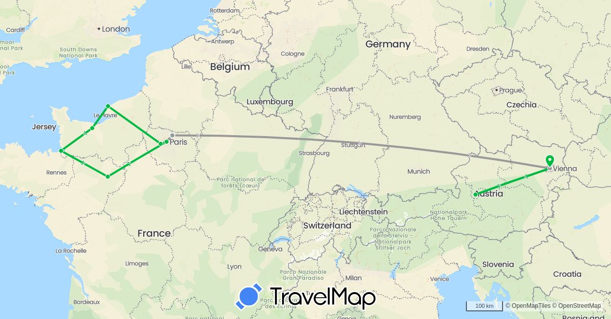 TravelMap itinerary: driving, bus, plane in Austria, France (Europe)