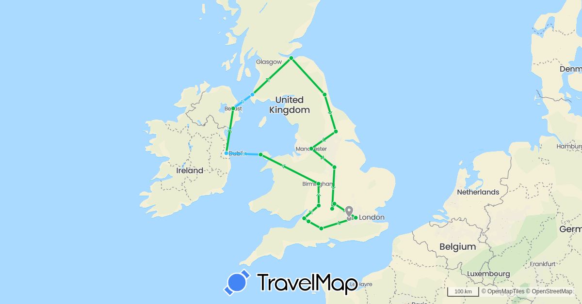 TravelMap itinerary: driving, bus, plane, boat in United Kingdom, Ireland (Europe)