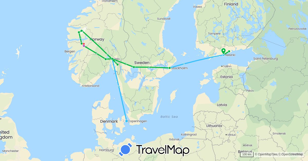 TravelMap itinerary: driving, bus, train, hiking, boat in Denmark, Finland, Norway, Sweden (Europe)