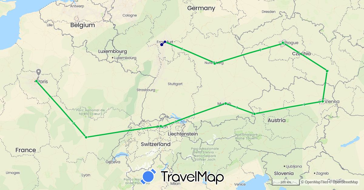 TravelMap itinerary: driving, bus, plane in Austria, Switzerland, Czech Republic, Germany, France (Europe)
