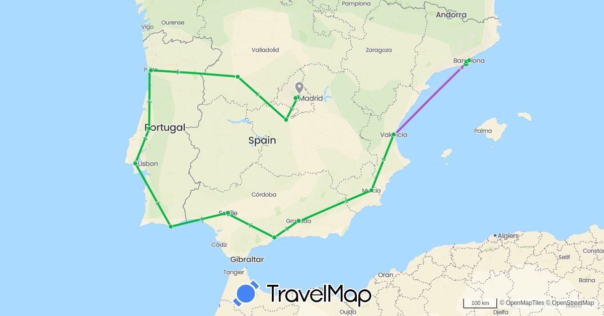 TravelMap itinerary: bus, plane, train, boat in Spain, Portugal (Europe)
