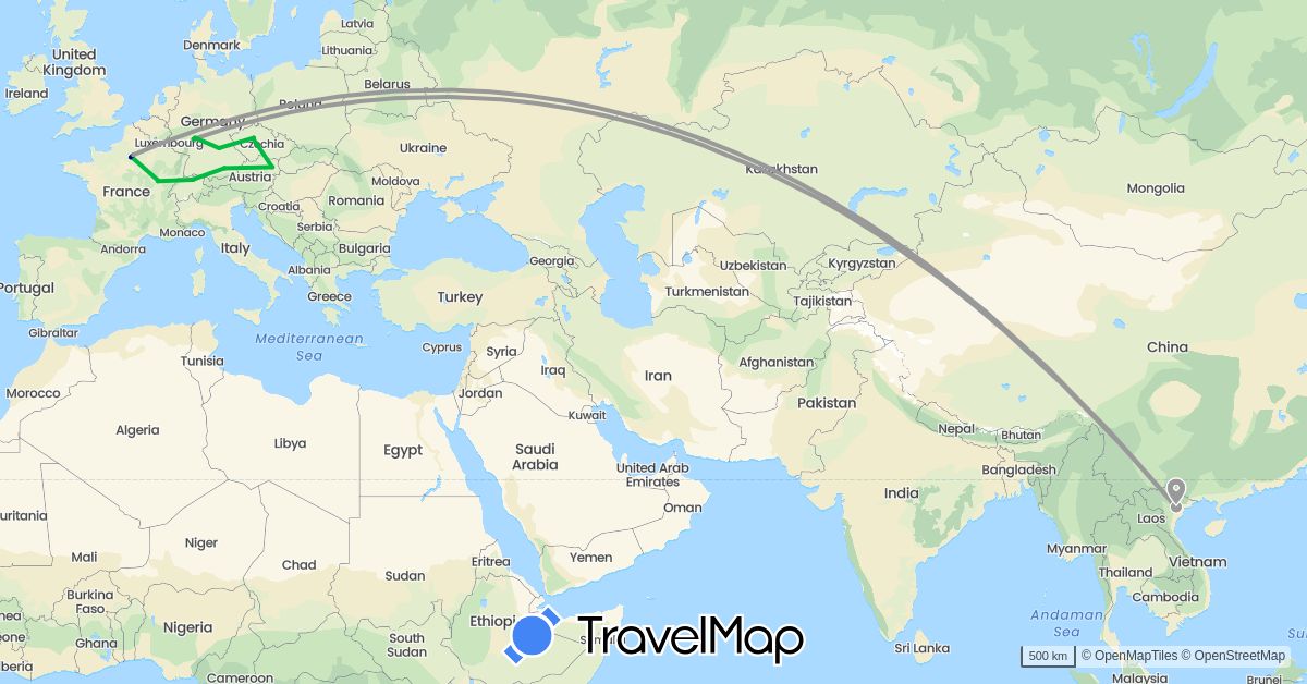 TravelMap itinerary: driving, bus, plane in Austria, Switzerland, Czech Republic, Germany, France, Vietnam (Asia, Europe)