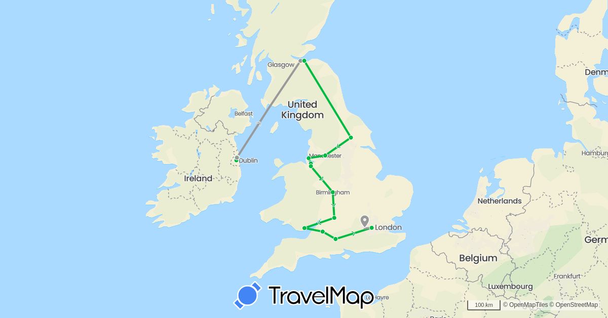 TravelMap itinerary: bus, plane in United Kingdom, Ireland (Europe)