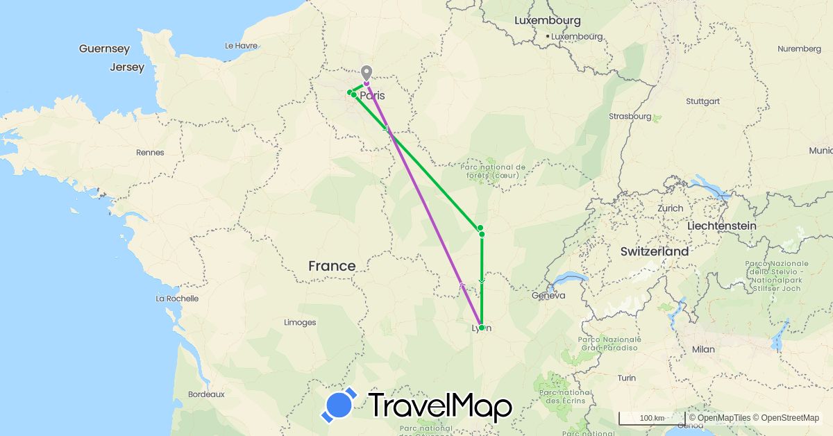 TravelMap itinerary: bus, plane, train in France (Europe)